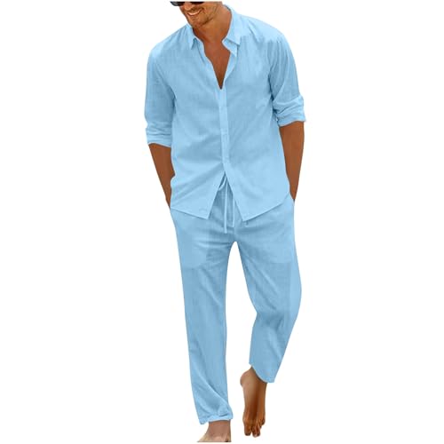 Dmmtot Conjunto de 2 piezas de lino casual para hombre, camisas de manga larga con botones, cintura elástica, pantalones de pierna recta, básicos, color sólido, ajuste regular, transpirable, ropa
