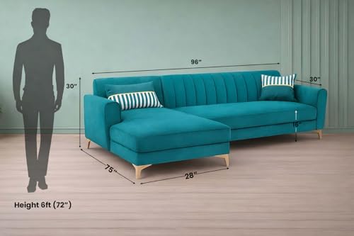 Image of Adorn India Premium Luster 6 Seater L Shape Sofa Set | Velvet Suede Fabric | 3-Year Warranty | LHS |Color Aqua Blue with Golden Legs & Striped Pattern Cushion