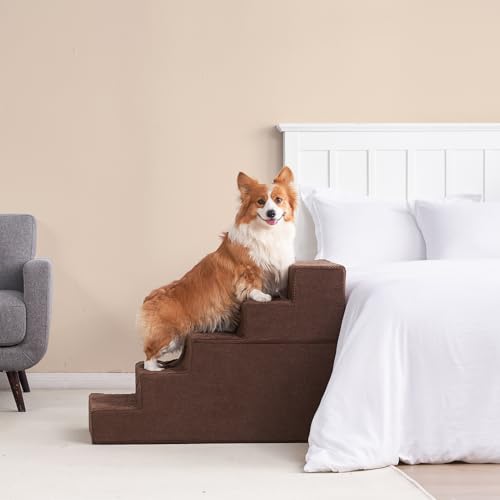 Image of EHEYCIGA Dog Stairs for High Bed 25 inch H, 5-Step Extra Wide Dog Steps for Bed, Pet Steps for Small Dogs and Cats, Non-Slip Balanced Pet Ramp Indoor, Brown