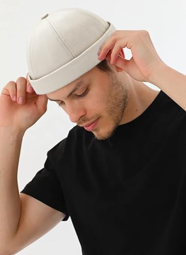 Image of 2 Pcs Mens Brimless Docker Cap Set - Retro Worker Sailor Skull Cap Beanie with Rolled Cuff