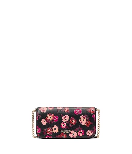 Kate Spade New York Devin Fall Poppies Embossed Saffiano Leather Flap Chain Wallet, Black Multi