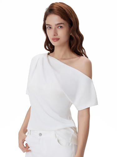 SUUKSESS Off the Shoulder Tops for Women Short Sleeve Asymmetrical One Shoulder Top Trendy Summer Going Out T-Shirts Snow White