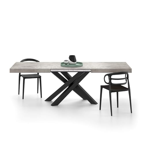 MOBILI FIVER, Mesa Extensible Emma 160(240) x90 cm, Color Cemento Gris con Patas Cruzadas Negras, para 6-10 Personas, Mesa Extensible de Comedor, Mesa Cocina, Salon, Made In Italy