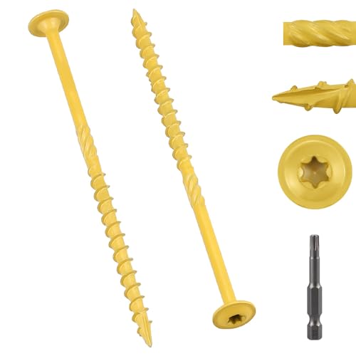 40 Tornillos heavy-duty para madera 1/4 x 4 con cabeza flangeada, sistema de apriete Torx, recubiertos en epoxi amarillo, punta auto perforante afilada miniatura 1