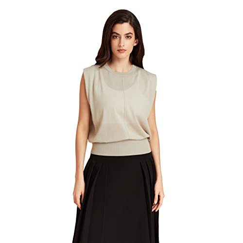 Greenmount Women Cashmere Merino Wool Loose Tank Tops Crew Neck Sleeveless High-End Tank For Summer Beige #TOP14