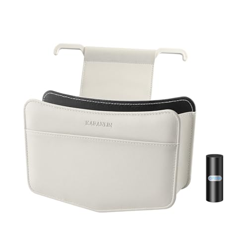 Image of Car Trash Can Small Leather Vehicle Trash Bin Car Dustbin Garbage Organizer Holder with Trash Bag Foldable Mini Cars Storage Bag Container for Auto SUV Van Trucks (White,Hanging Hook)