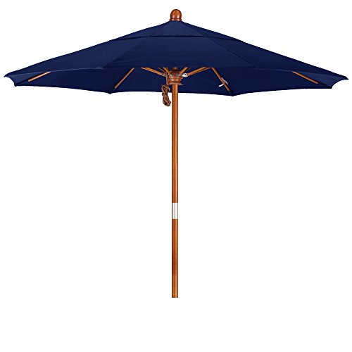 California Umbrella 9' Round Hardwood Frame Market Umbrella, Stainless Steel Hardware, Push Open, Pacifica Blue