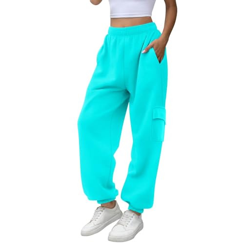 Pantalones deportivos cargo de forro polar para mujer, cintura elástica, pantalones deportivos pequeños para mujer, pierna corta, color sólido, ajuste delgado, pantalones deportivos con forro polar