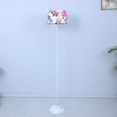 Image of tu casa White Metal-Iron Base Foldable Floor Lamps with Carnation Print & Satin Shade for Bedroom, Living Room, Lounge, Office Area, Gifting Without Bulb for Home Decoration (Height - 57 inch)