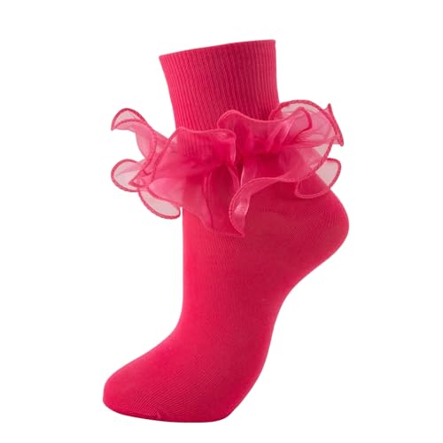Image of Women Big Ruffle Ankle Socks Adult Double Lace Frilly Socks Fold Cuff Cotton Ruffled Dress Crew Bobby Bride Sock