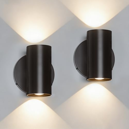 Image of Tubicen Cylinder Wall Sconces Set of Two Dimmable Movie Theater Lights | 7W Bright LED Dimmable Home Theater Wall Sconce Hardwired Black Wall Lights for Living Room Hallway Stairs TV Movie Room