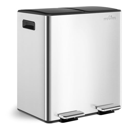 mVm Kitchen Bin,40L Dual Rubbish Bin,2 x 20L Stainless Steel Pedal Bin,Double Recycling Bin with ABS Lids and Plastic Inner Buckets,Soft-Close,Fingerprint Proof,Odour Seal,Large Capacity Trash Can