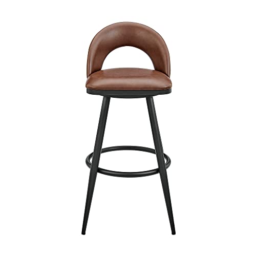 Armen Living Charlotte Swivel Bar Stool in Black Metal with Brown Faux Leather