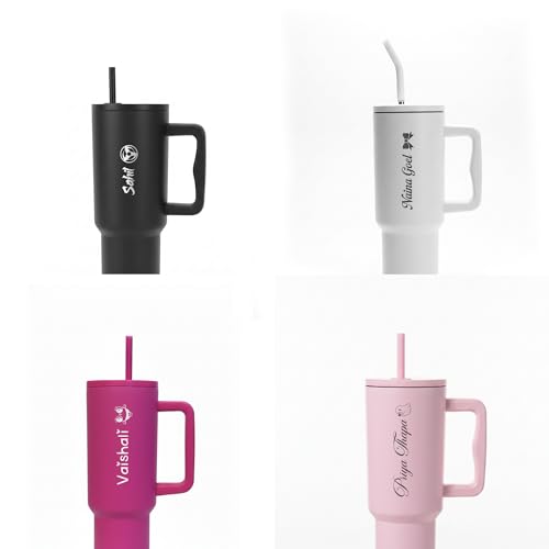 Image of Personalised 1200ml Insulated Stainless Steel Tumbler with Handle and Straw Lid - Large Travel Mug for Coffee & Water, Double Wall Vacuum Cup, Car Cupholder Friendly (Soft Pink)