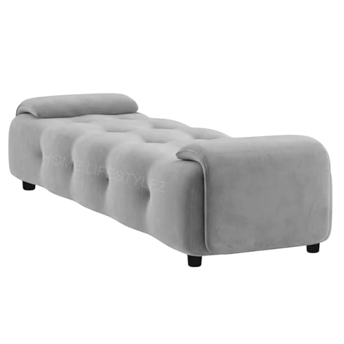 Image of Home Lifestlez Monel 2 Seater Tufted Ottoman Bench | Velvet Upholstered | Seating Bench Window Bench Footrest Stool End of Bed Bench Living Room Furniture | Comfortable & Stylish - Grey