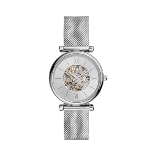 Fossil Reloj para mujer Carlie, movimiento automático, caja de acero inoxidable plateado de 35 mm con correa de malla de acero inoxidable, ME3176