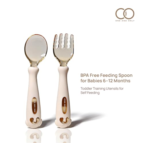 Image of Baby Spoon and Fork Set, White Silicone Toddler Cutlery Set with Easy Grip, 2 Pc, Self Feeding Utensils for Baby Meals School and Travel, Mealtime Essential. Easy to Carry for Home, School
