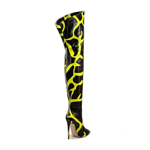 Image of Thigh high boots for women striped Back zipper Burgundy Zebra Print Over the knee Sexy gold white pointed toe Cow Print leopard Magenta stiletto heel