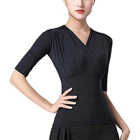 Women Ladies Women's V Neck Wrap Top for Latin Ballroom Dance Practice Preformance Black Half Sleeve Cover