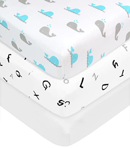 Image of American Baby Company 15 inch x 33 inch Fitted Bassinet Sheet, 100% Natural Cotton Jersey Knit, Alphabet /Aqua /White, Soft Breathable, for Boys and Girls, Pack of 3
