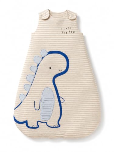 Image of TuddyBuddy Baby Cotton Wearable Quilted Sleeping Bag Blanket 1.5 Tog with 1 Way Zipper Closure | Ideal for Babies & Kids Hypoallergenic Fabrics | (Beige Sripes Dino, 12-18 Months)