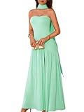 ChiaoLezhee Women's Maxi Tube Dress with Scarf Drop Waist Slit Formal Cocktail Party Wedding Guest Prom Gown, Flowy Elegant A Line Strapless Asymmetrical Summer Going Out,Mint Light Green,Large