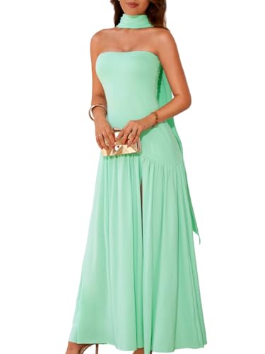 Women's Maxi Tube Dress with Scarf, Drop Waist High Slit Formal Prom, Wedding Guest Cocktail Party Gown