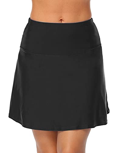 coastal rose Women's Skirted Bikini Bottom Swimsuit Swim Skort High Waisted Swim Skirt US14 Black