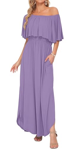AUSELILY Womens Off The Shoulder Dress Summer Casual Long Ruffle Party Side Split Beach Maxi Dresses with Pockets Purple 2XL