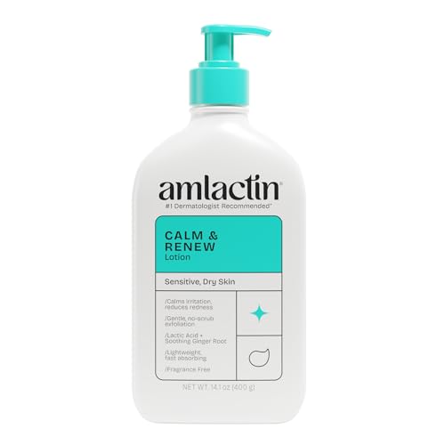 AmLactin Calm & Renew Lotion - Therapeutic Body and Face Moisturizer for Sensitive Skin - No-Scrub Exfoliator and Body Lotion for Dry Skin with Lactic Acid AHA and Soothing Ginger Root, 14.1 oz
