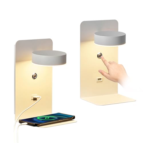 2 Stück LED Wandleuchte Innen mit USB Ladeanschluss,12W Touch Dimmbar Wandlampe mit Schalter & Stecker, 350° Drehbare Leselampe Wandmontage für Schlafzimmer Bettseite, Wohnzimmer, Arbeitszimmer Hotel
