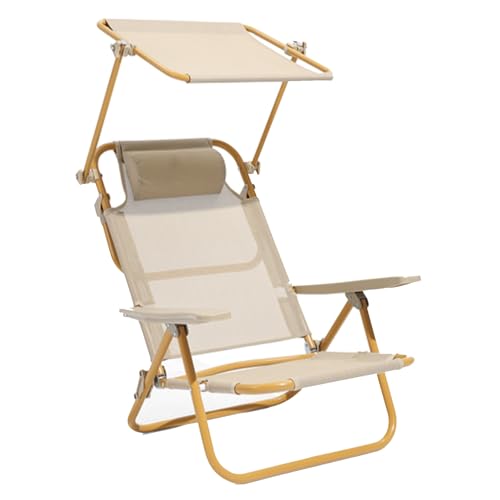 Silla Plegable Ligera Portátil con Sombra, Silla Playa Plegable con Almohada, Respaldo Ajustable, Capacidad de 100 kg para Picnic, Patio, Playa, Viajes