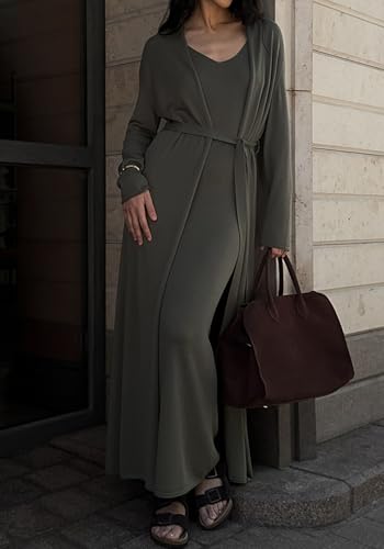 Tcremisa Women's Fall 2 Piece Outfits Knit Long Sleeve Cardigan Pullover Sweater Maxi Dress Set Winter Matching Sets3