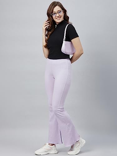 Image of BLINKIN Women's Stretch Fit Mid Rise Ribbed Stretchable Flared Pants | Boot Cut Bell Bottom Pants - Ideal for Yoga & Gym Wear, Casual Wear & Office Wear Trousers