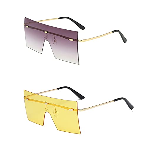 YYHJM Gafas de Sol Cuadradas Con Parte Superior Plana, Gafas de Gran Tamaño Con Espejo, Gafas Sin Montura Para Mujer y Hombre (Amarillo/Morado Gris) Cover