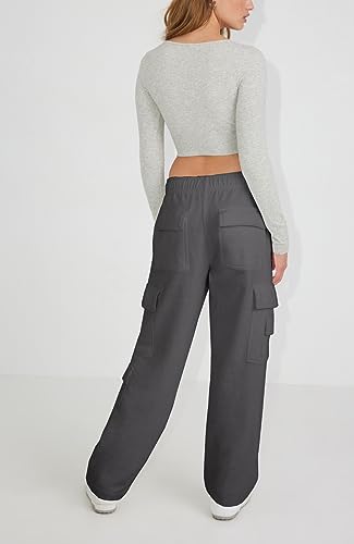 Waitfairy Wide Leg Sweatpants Women Cargo Pants Fleeece High Waisted Baggy Sweatpants for Women Casual Pants with 8 Pockets Grey M4