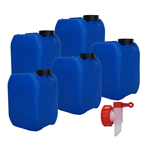 plasteo® Bidón de 5 litros con cierre de seguridad (DIN 51), sin BPA, apto para alimentos, portátil, apilable y estable, calidad pesada, resistente y duradera, interior y exterior