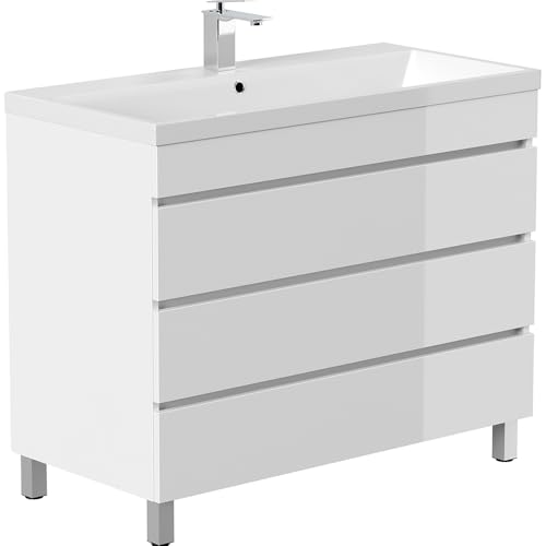 Lomadox Waschtisch 100 cm weiß Hochglanz stehend mit 3 Schubladen