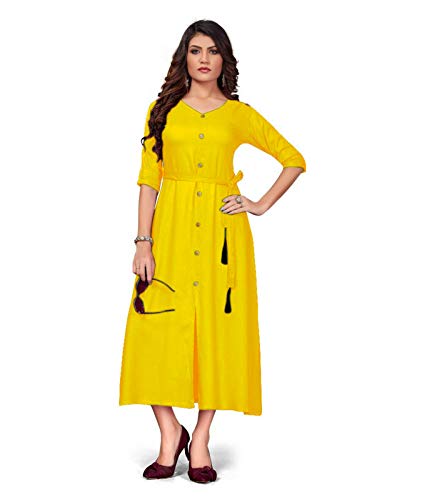 ElinekartWomen's Rayon Plain and Solid Stylish Front Slit 3/4 Sleeve Kurtis (Yellow, 2XL)
