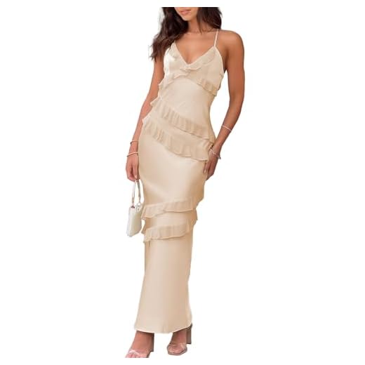 Vestido longo de verão com decote em V e babados de cetim para mulheres, 2025, alças finas, amarrado, costas nuas, formal, casamento, convidada, Champanhe, GG