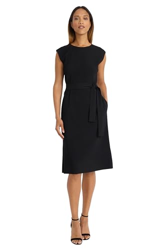 Maggy London Women's Midi Sheath Cap Sleeves-Self-tie Belt-Textured Rib-Knit Fabric-Versatile Cocktail Dress