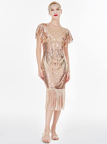 Image of 1920s Knee Length Flapper Party Dress Layer Tassels Hem Sequined Cap Sleeve Cocktail Dresses
