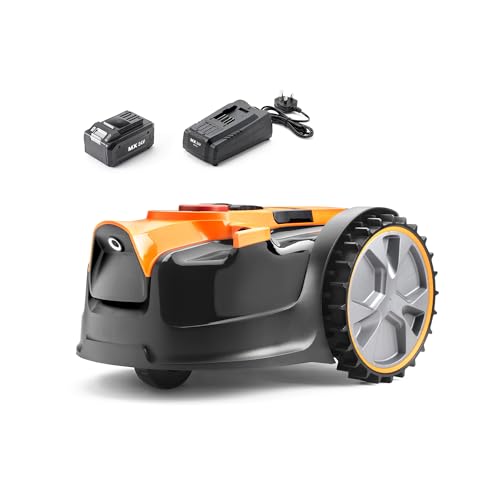 LawnMaster Robot cortacésped OcuMow® de 16 caídas y cortadoras con batería de litio MX de 24 V y 4.0 Ah y cargador rápido. No necesita cable límite, aplicación o enchufe de alimentación al aire libre