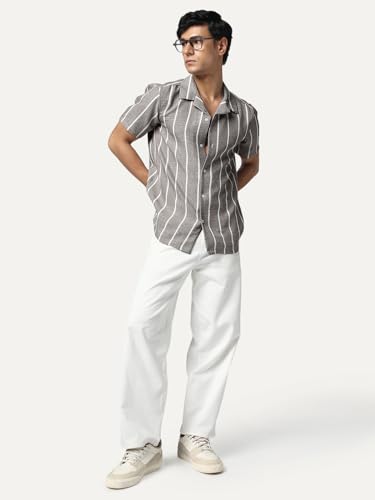 Image of Urbano Fashion Men's Cotton Half Sleeve Relaxed Fit Linen Striped Shirt with Cuban Collar