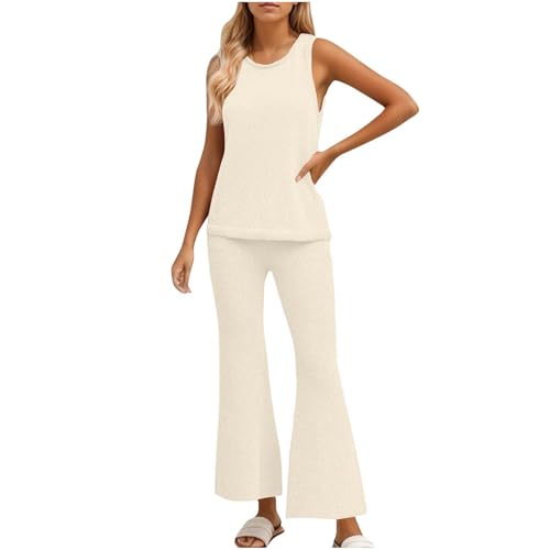 Women's 2 Piece Sets Summer Outfits Sleeveless Tank Tops and Flared Legging Pants Tracksuits Lounge Ribbed Knit Set - Main Image