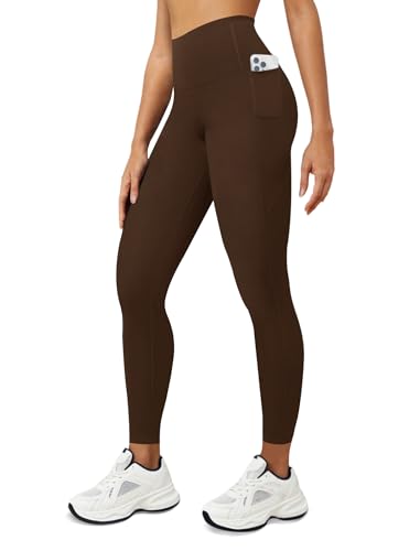 DLOODA Yoga Leggings for Women with Pockets High Waisted Tummy Control Yoga Pants Soft Buttery Workout Leggings Gym Brown