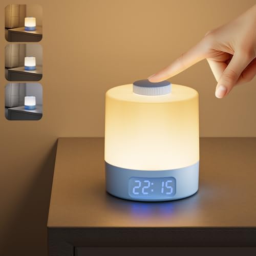 WOBANE LED Nachttischlampe Dimmbar 3600mAh USB Aufladbar Nachtlicht Kinder 3 Lichtfarben Tischlampe Kabellos mit Digitaluhr Stilllicht Baby für Schlafzimmer Wohnzimmer Camping Kein Wecker