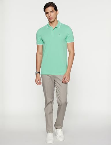 Image of Peter England Men's Snug Fit Solid Polo T-Shirt with Coloured Collar Tipping| Cotton Rich| Premium Pique Weave