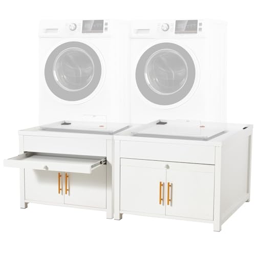 JFHID 2 Pack Laundry Pedestal, 700 LBS Capacity Washer Dryer Pedestal, Heavy Duty Shock-Proof Washer Stand, Laundry Dryer Stand with Pull-Out Shelf Hidden Storage Drainage (Beige, 2PCS)