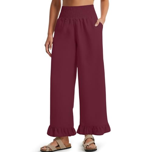 Wide Leg Linen Pants for Women Smocked Elastic High Waisted Ruffle Hem Palazzo Pants Casual Drawstring Beach Trousers4